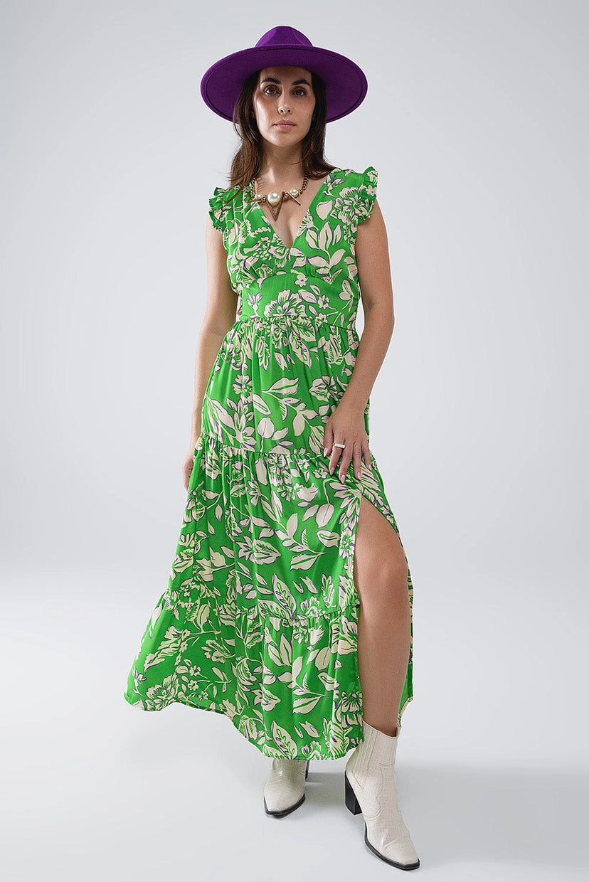 Cinched Waist Floral Print Maxi Dress in Green