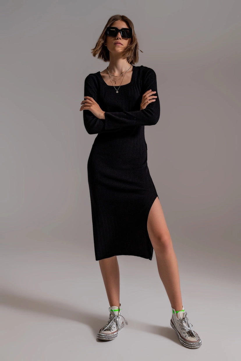 Knit Midi Dress with Square Neckline in Black