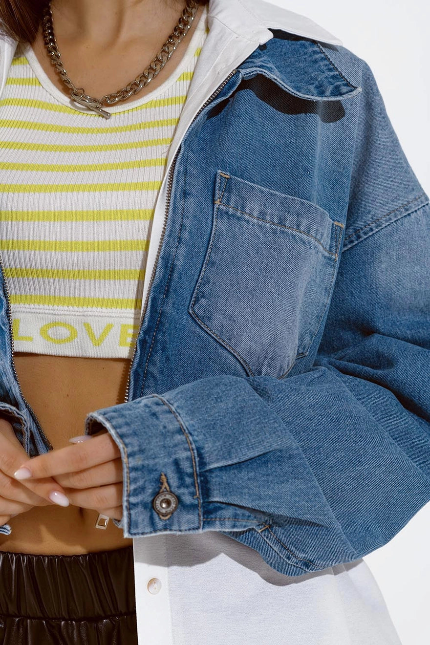 Cropped Denim Jacket with Zipper Closure and Hand Painted Print