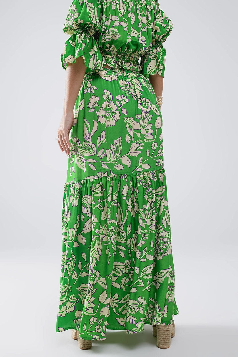 Tiered Maxi Skirt in Green Floral Print