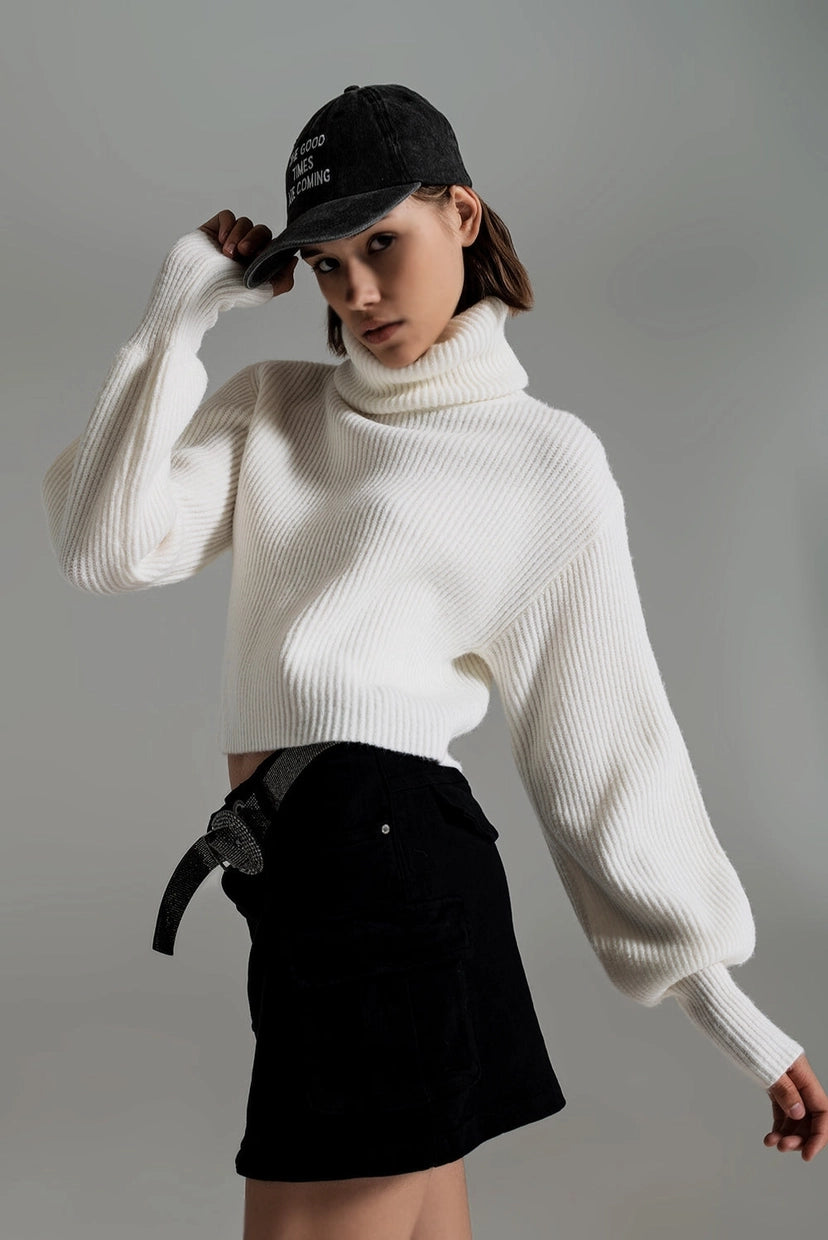 Cream Ribbed Knit Turtleneck Jumper with Balloon Sleeves