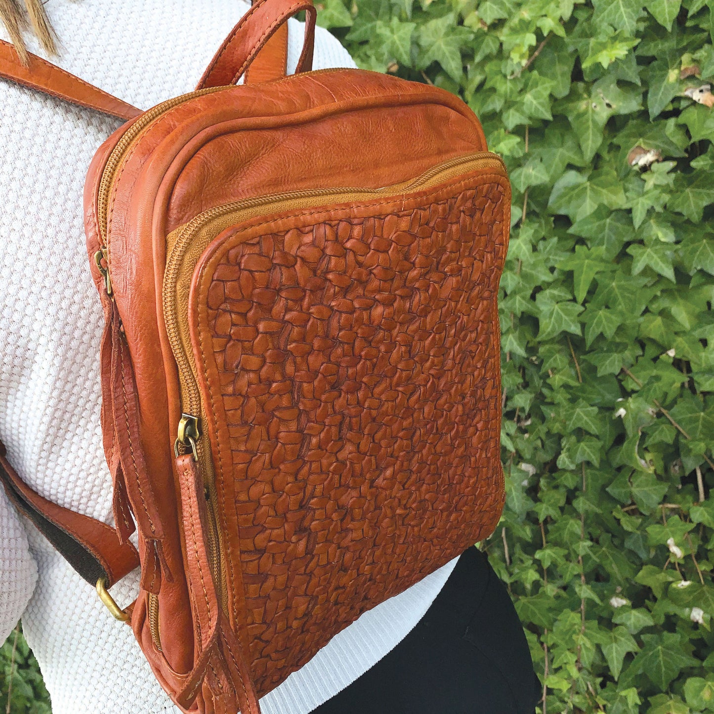 Pierre Cardin Woven Leather Backpack - Cognac