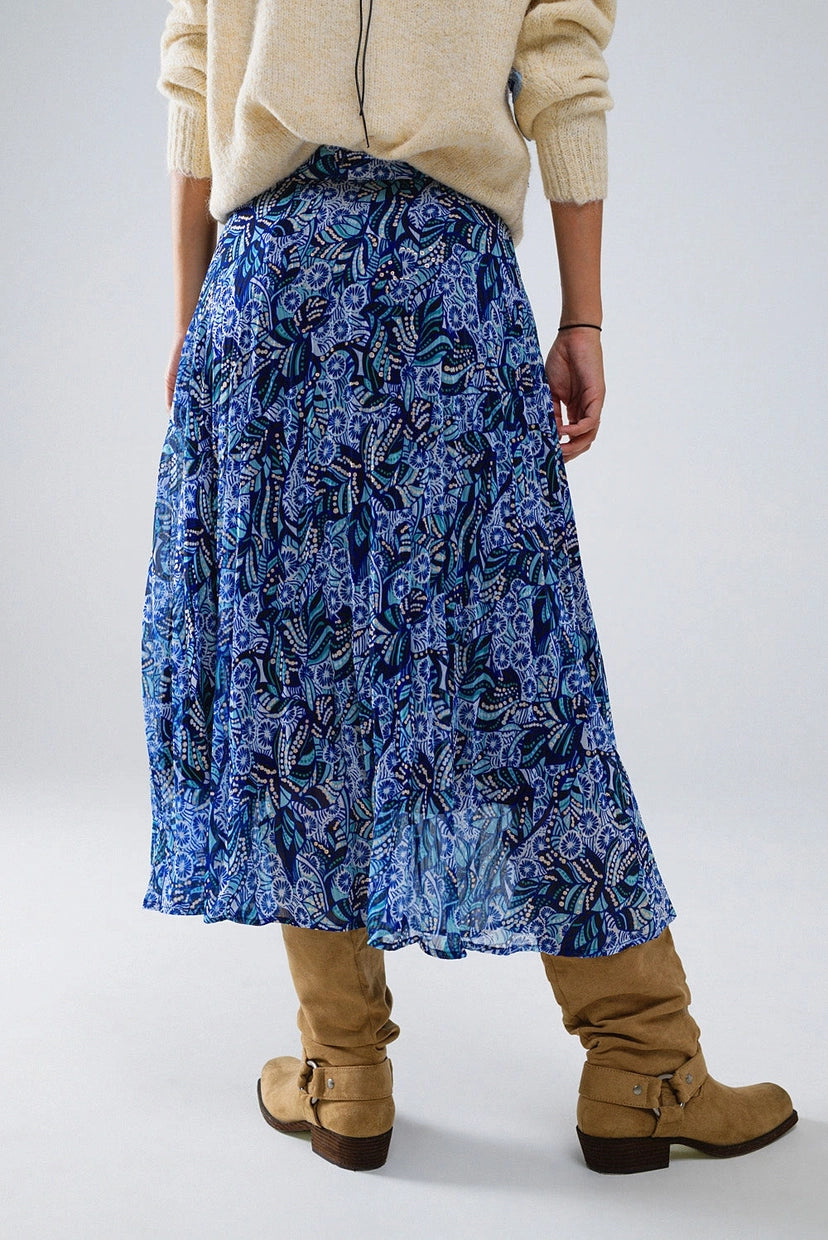 Blue Abstract Print Mini Pleated Skirt with Button Placket