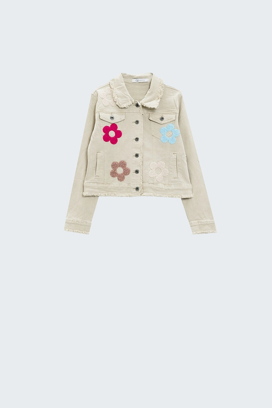 Beige Denim Jacket with Embroided Flowers