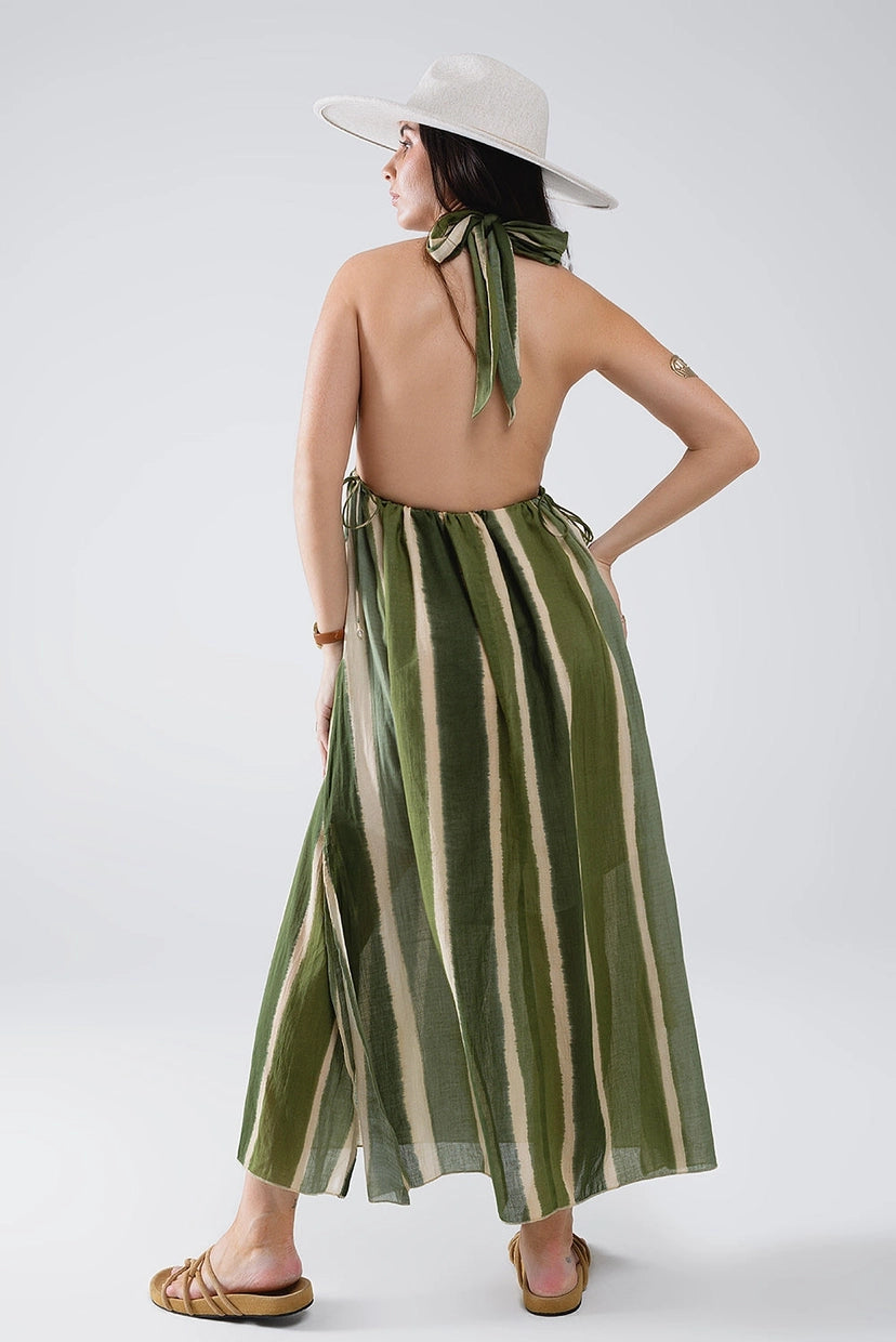 V-Neck Halter Maxi Dress with Side Slits in Striped Tie-Dye Green