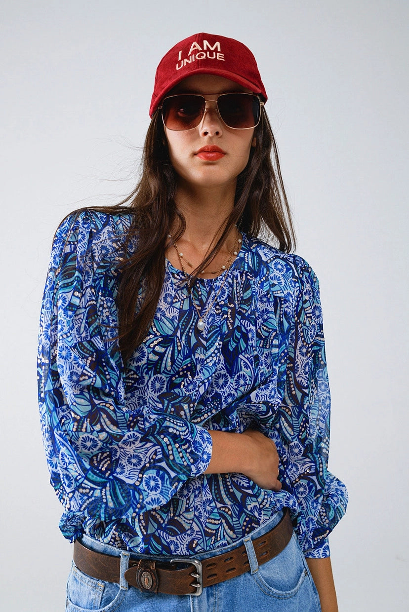 Abstract Print Blouse with Balloon Sleeves in Blue