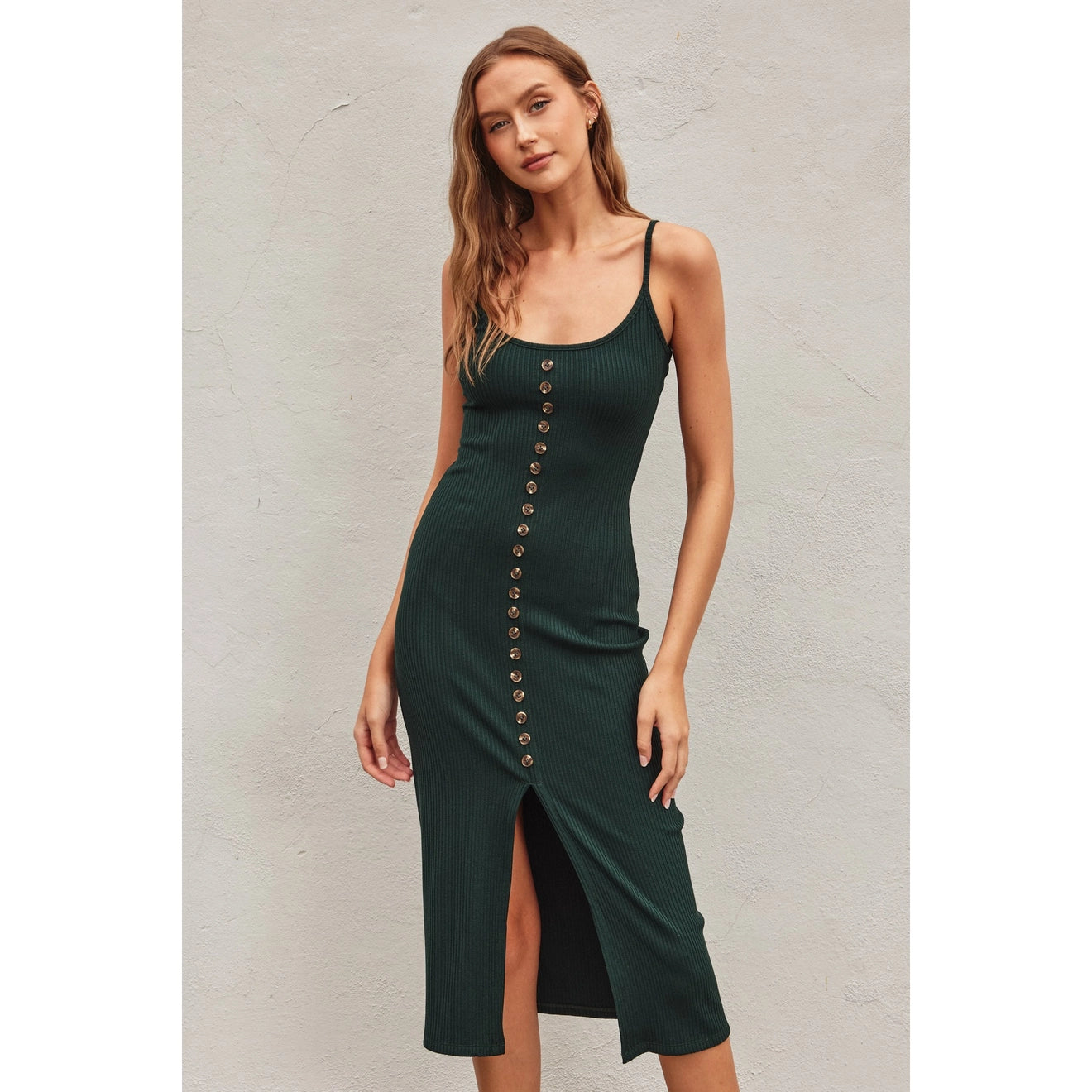 Ava Simple Button Detail Ribbed Midi Dress