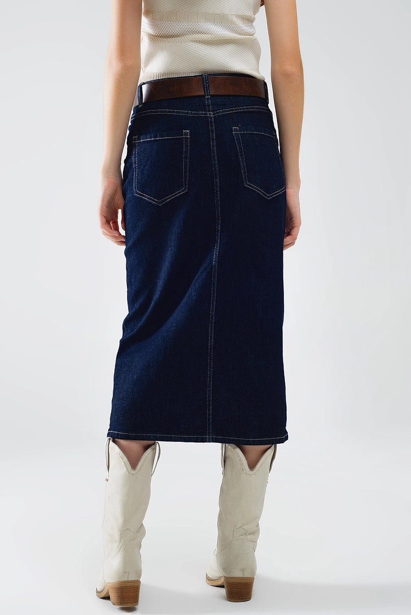 Denim Skirt with Front Slit and Gold Buttons On Sides