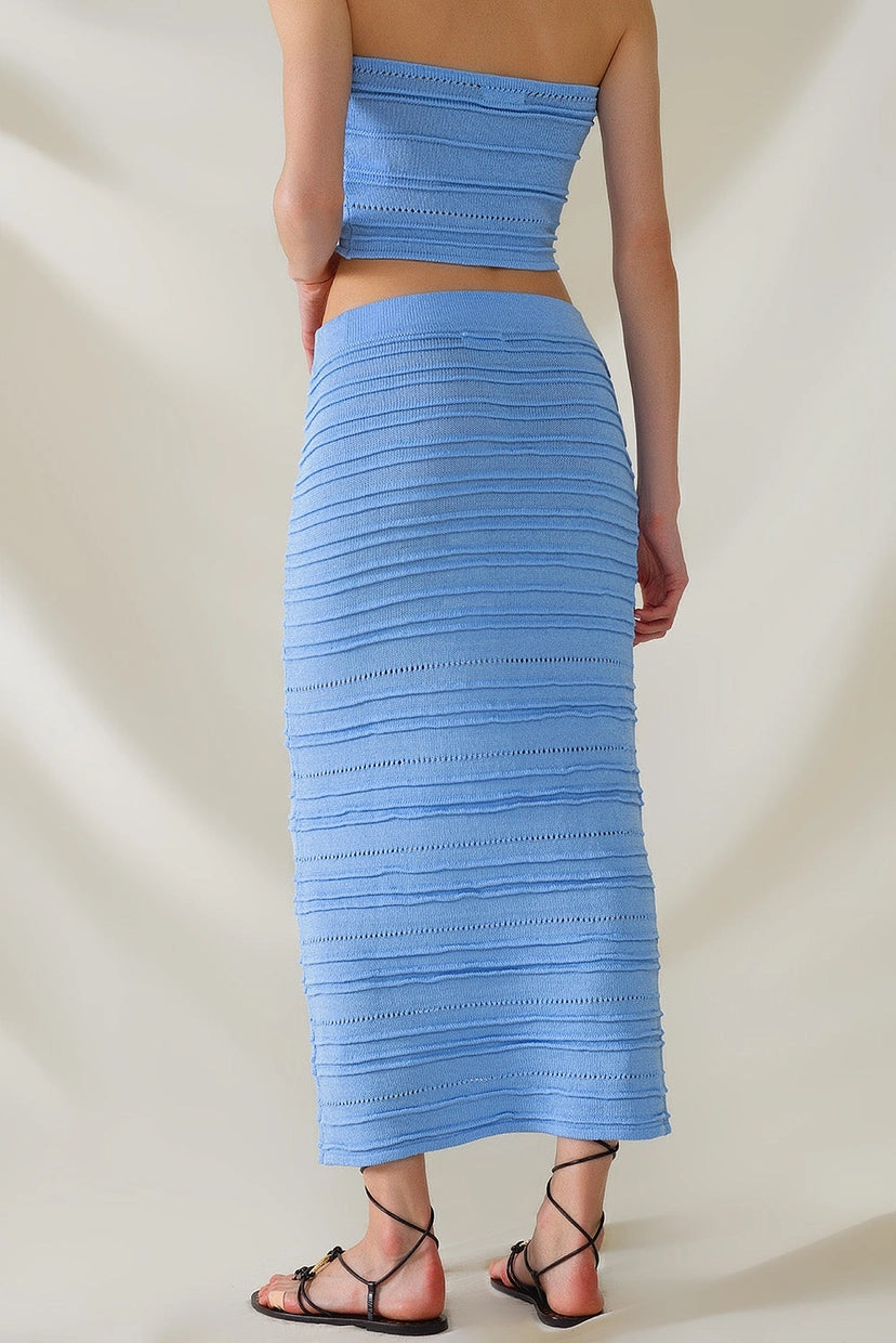 Knitted Midi Pencil Skirt in Light Blue