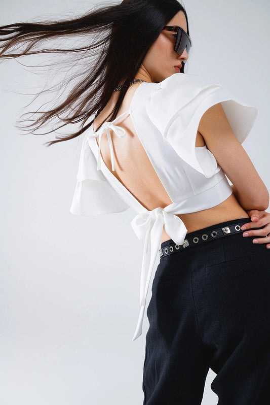 White Crop Top with Short Sleeves and V-Neck