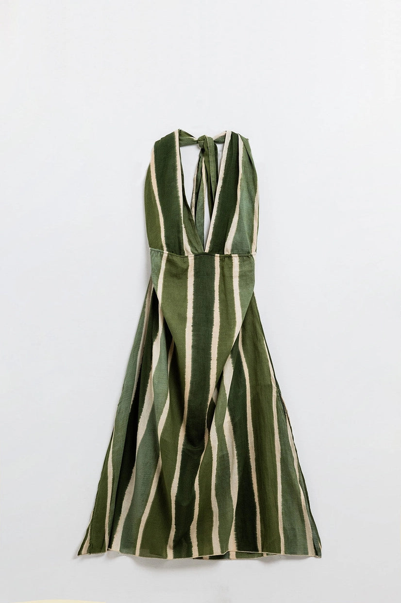 V-Neck Halter Maxi Dress with Side Slits in Striped Tie-Dye Green