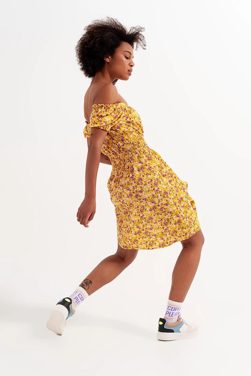 Shirred Detail in Yellow Ditsy Floral Print Mini Dress