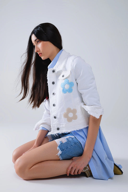 White Denim Jacket with Embroided Flowers