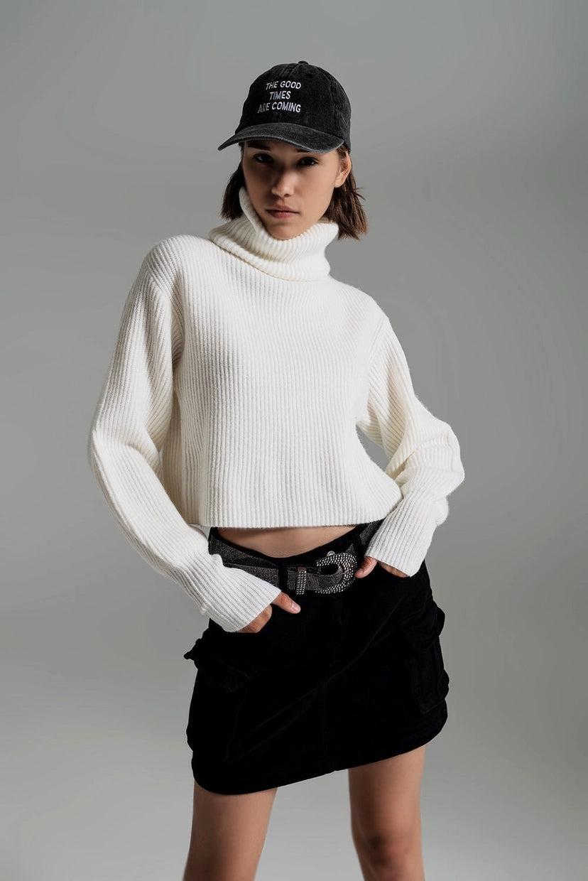 Cream Ribbed Knit Turtleneck Jumper with Balloon Sleeves