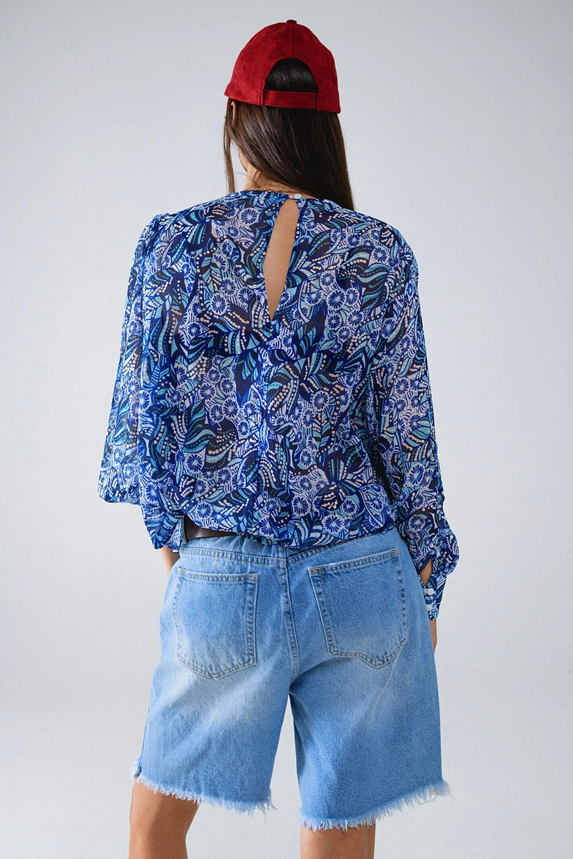 Abstract Print Blouse with Balloon Sleeves in Blue