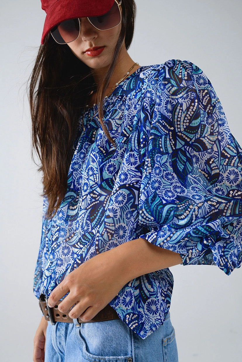 Abstract Print Blouse with Balloon Sleeves in Blue