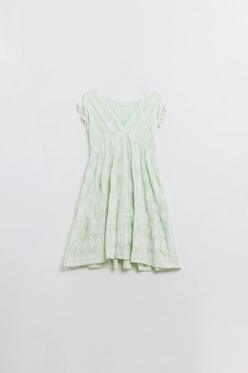 Babydoll Mini Dress with Leaf Print and Lurex Thread in Mint