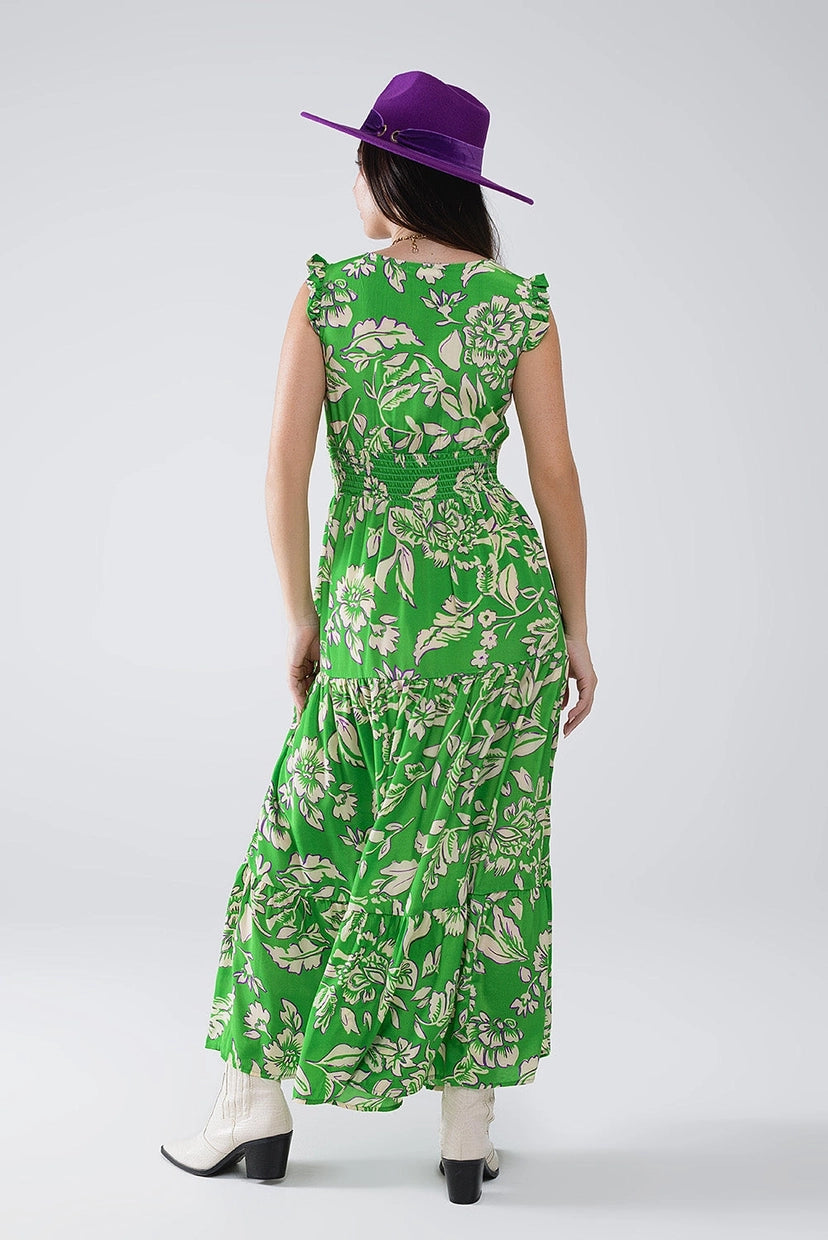 Cinched Waist Floral Print Maxi Dress in Green