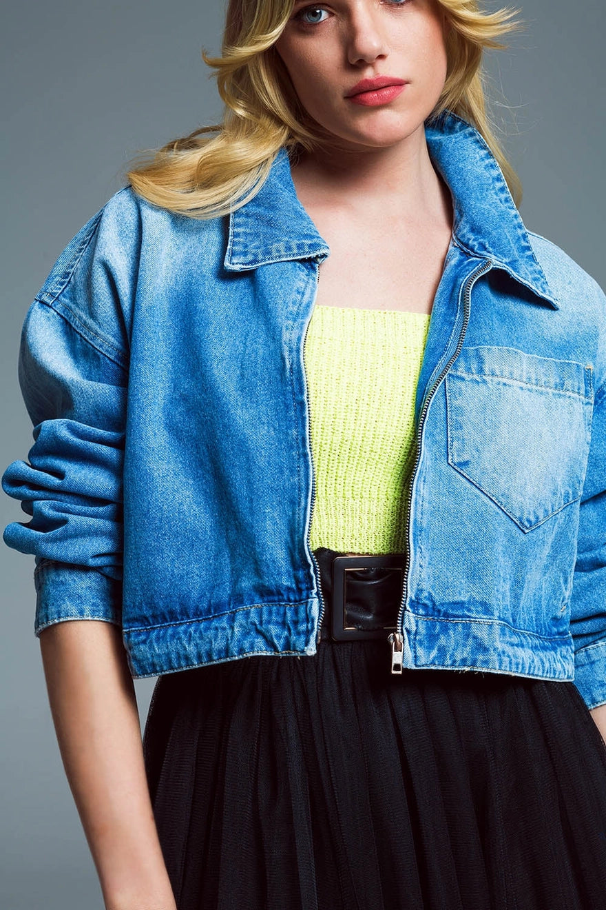 Oversized Cropped Denim Jacket with Zip Fastening and High Co